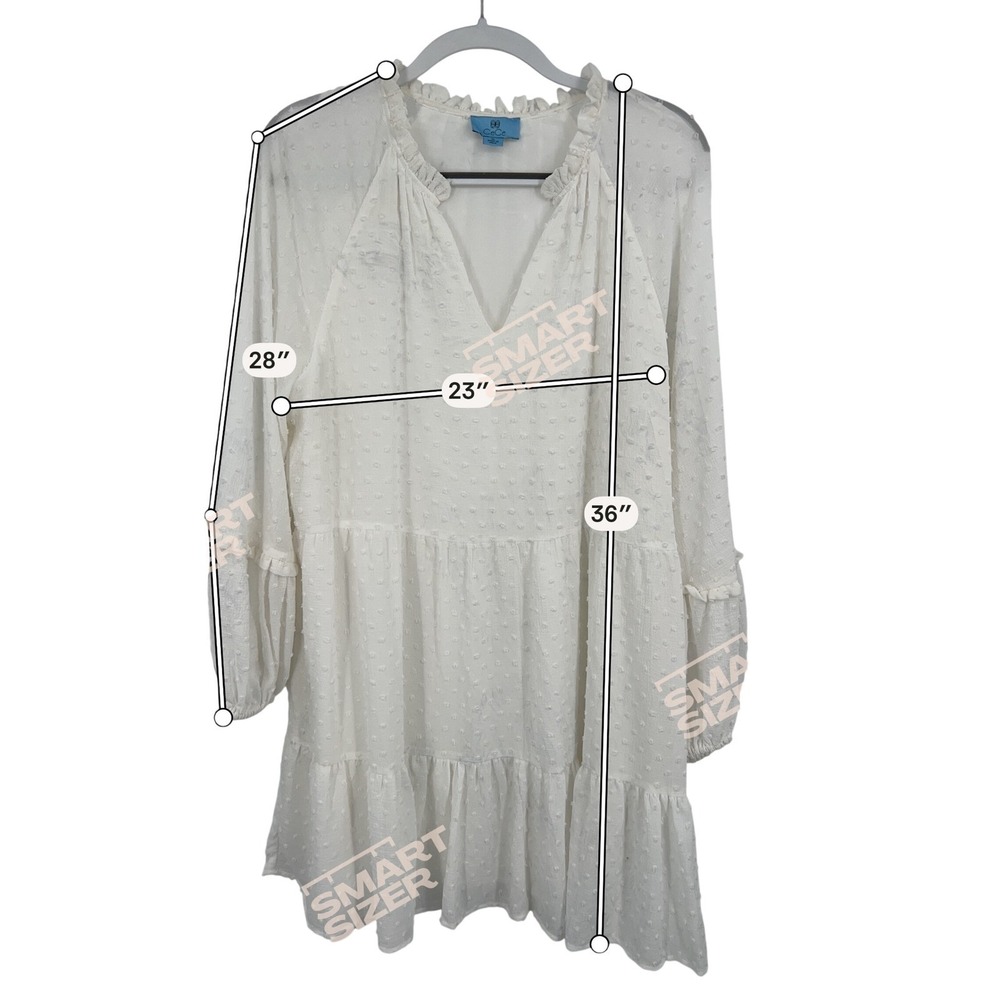 Womens Boho Tiered Mini Dress White Swiss Dot Ruffle Neck XL CeCe - Picture 7 of 10